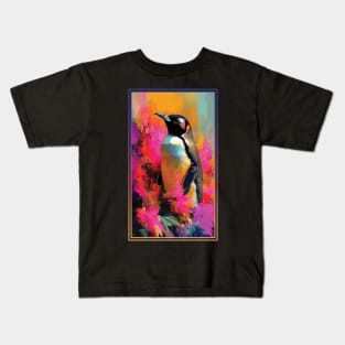 Penguin Vibrant Tropical Flower Tall Digital Oil Painting Portrait Kids T-Shirt